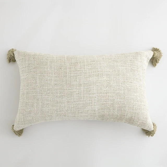 Traditional Beige & Checkered Decorative Cushion Covers with Tassel Detail - 2 Sizes
