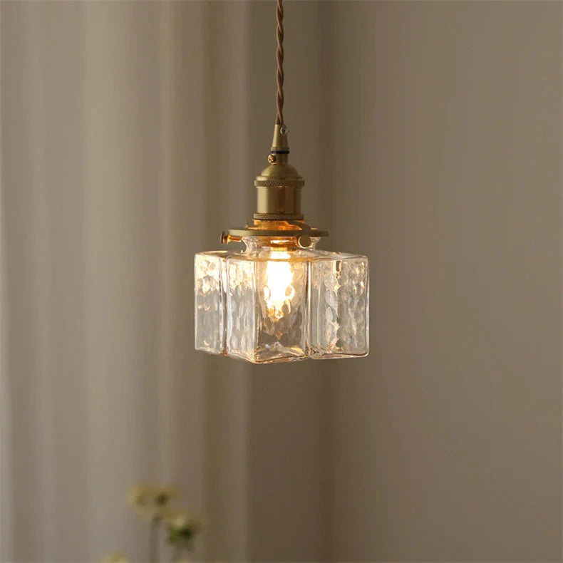 Traditional Hammered Square Glass Hanging Pendant Light - Clear & Amber