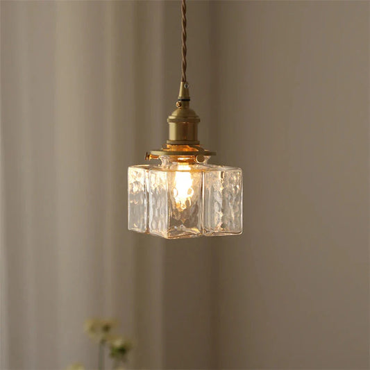 Traditional Hammered Square Glass Hanging Pendant Light - Clear & Amber