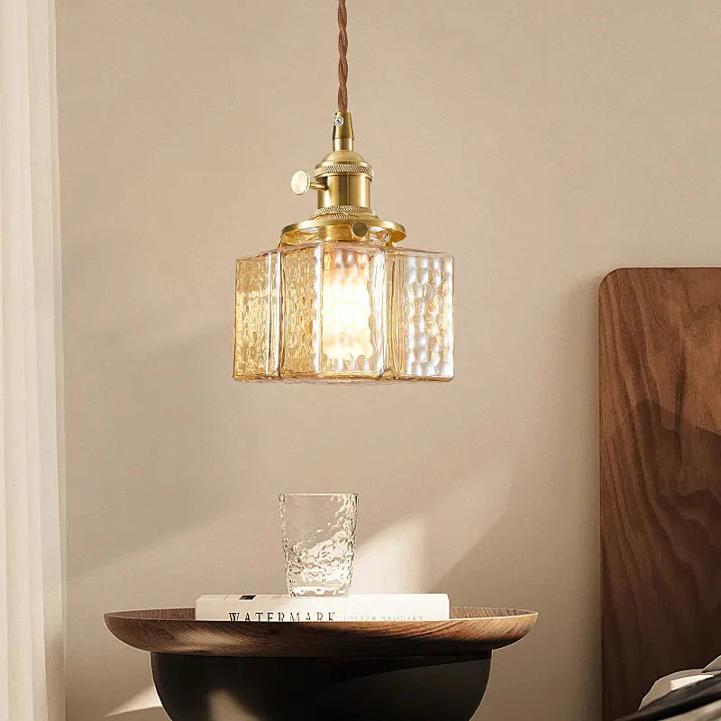 Traditional Hammered Square Glass Hanging Pendant Light - Clear & Amber