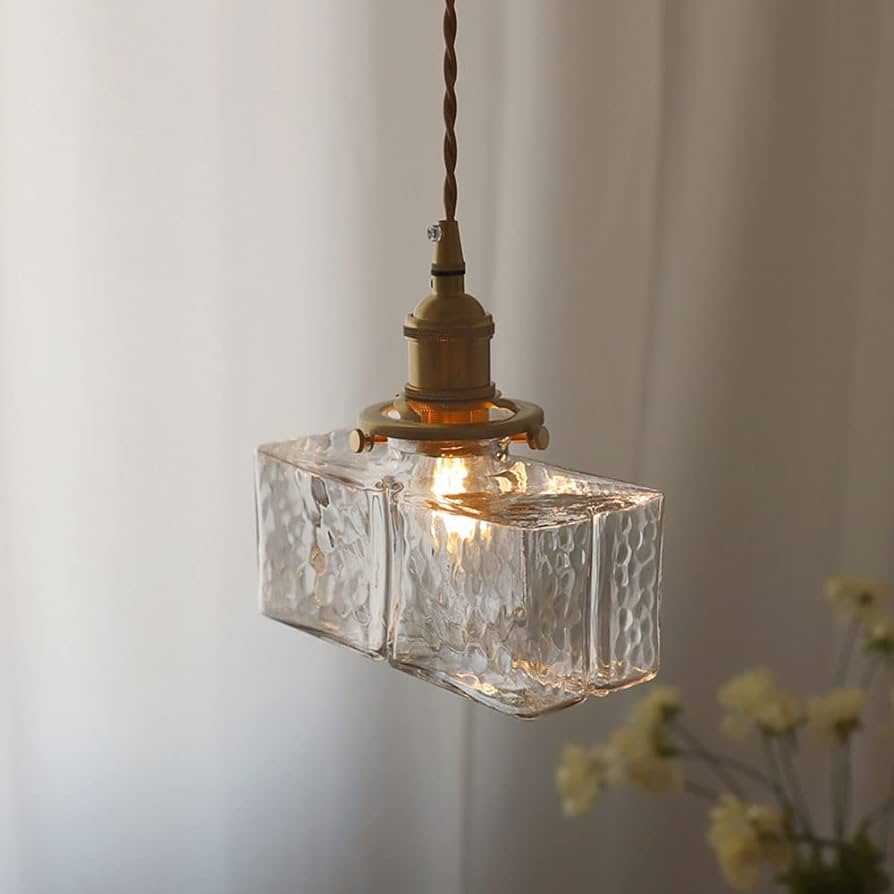 Traditional Hammered Square Glass Hanging Pendant Light - Clear & Amber