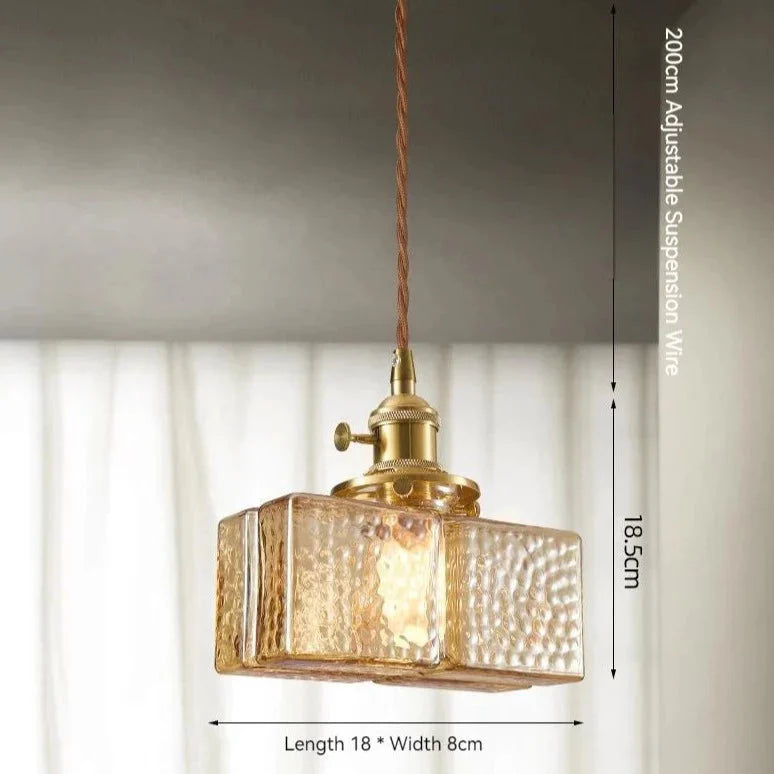 Traditional Hammered Square Glass Hanging Pendant Light - Clear & Amber