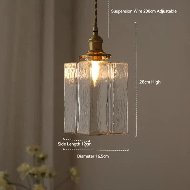 Traditional Hammered Square Glass Hanging Pendant Light - Clear & Amber