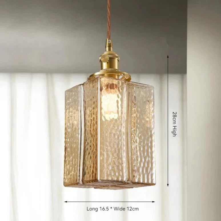 Traditional Hammered Square Glass Hanging Pendant Light - Clear & Amber
