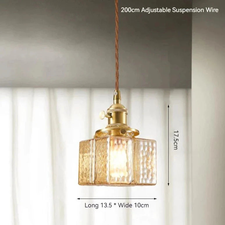 Traditional Hammered Square Glass Hanging Pendant Light - Clear & Amber