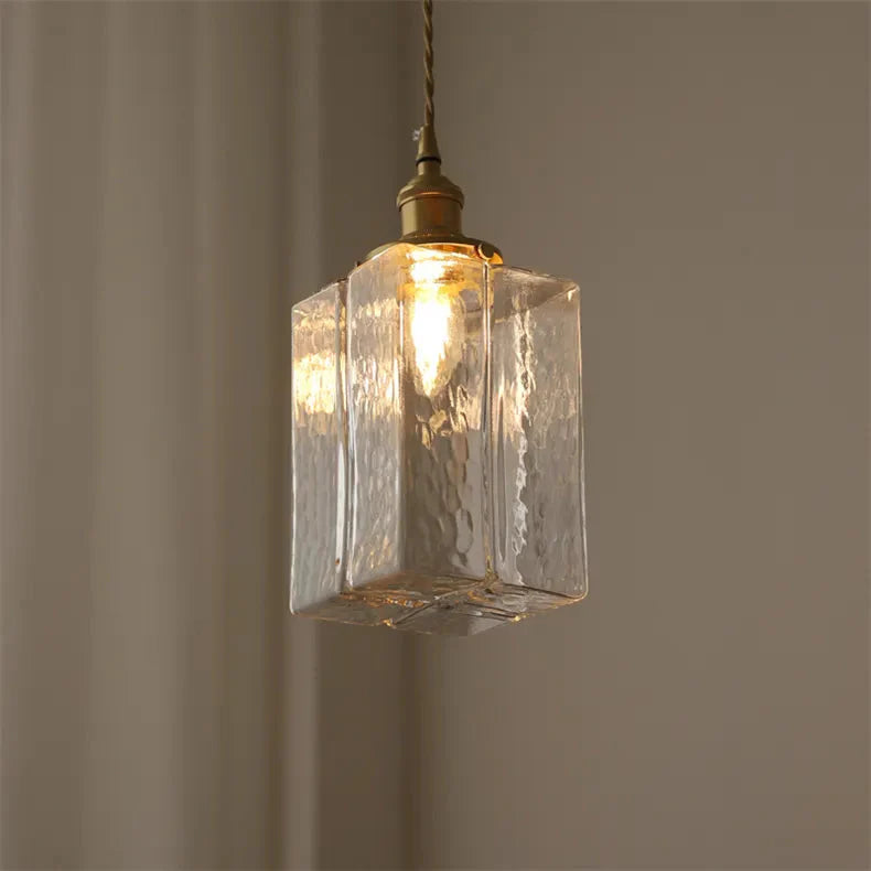 Traditional Hammered Square Glass Hanging Pendant Light - Clear & Amber