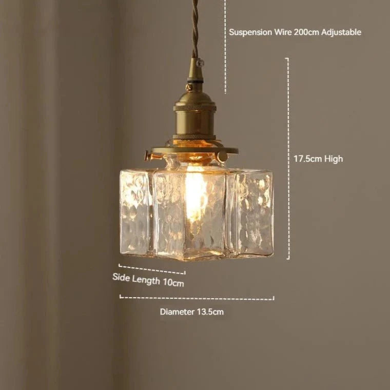 Traditional Hammered Square Glass Hanging Pendant Light - Clear & Amber