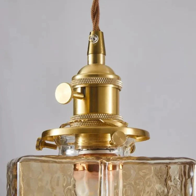 Traditional Hammered Square Glass Hanging Pendant Light - Clear & Amber