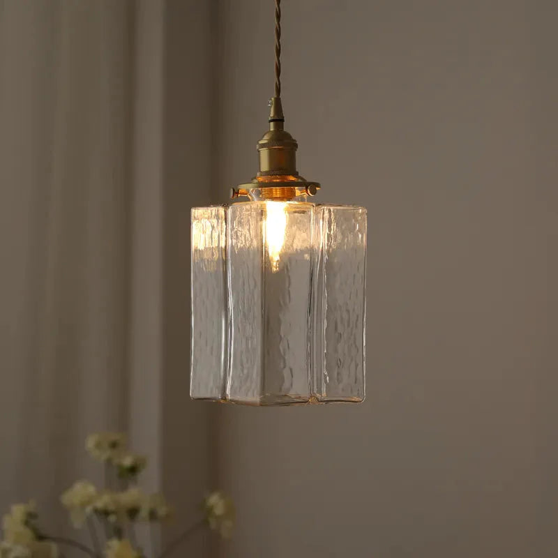 Traditional Hammered Square Glass Hanging Pendant Light - Clear & Amber