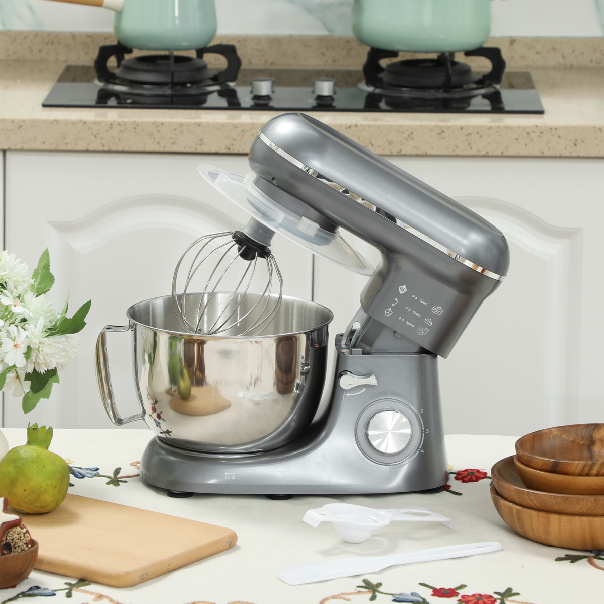 Electric Stand Mixer, 4.5L Food Mixer with Dough Hook, Whisk, Beige