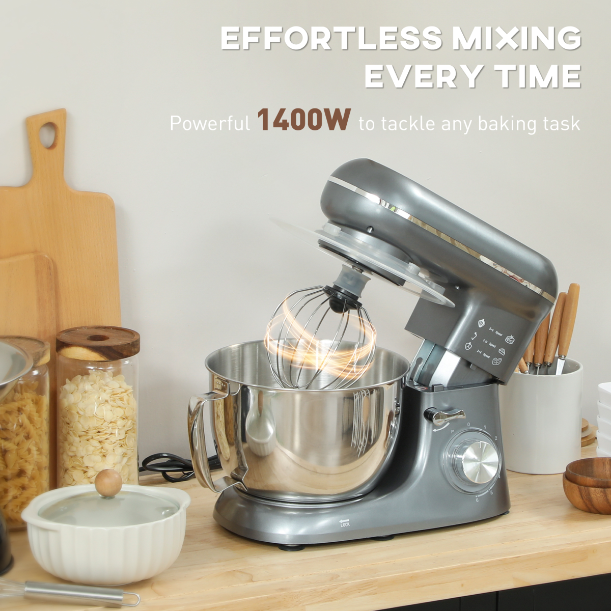 Electric Stand Mixer, 4.5L Food Mixer with Dough Hook, Whisk, Beige