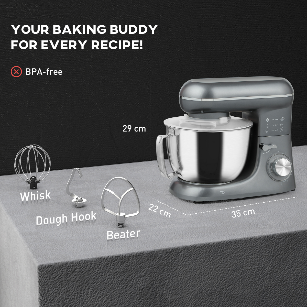 Electric Stand Mixer, 4.5L Food Mixer with Dough Hook, Whisk, Beige