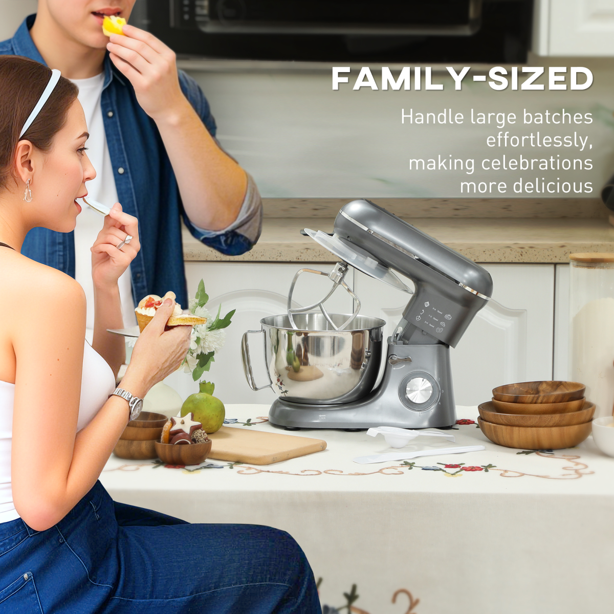 Electric Stand Mixer, 4.5L Food Mixer with Dough Hook, Whisk, Beige