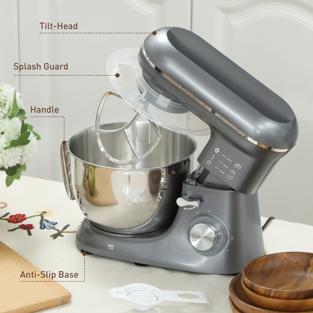 Electric Stand Mixer, 4.5L Food Mixer with Dough Hook, Whisk, Beige