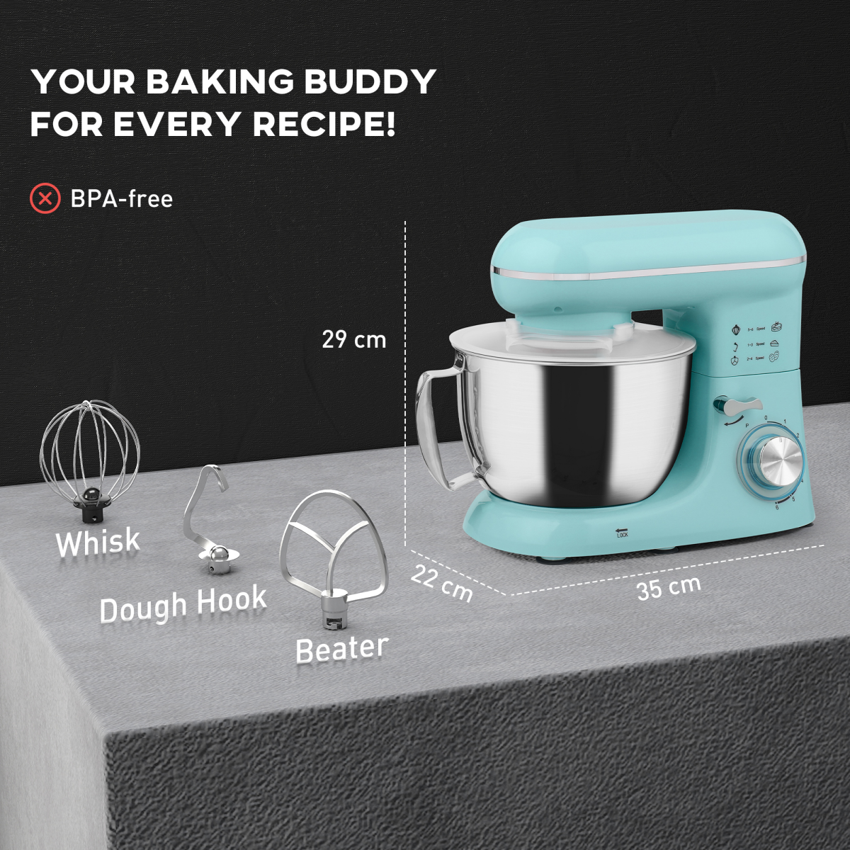 Electric Stand Mixer, 4.5L Food Mixer with Dough Hook, Whisk, Beige