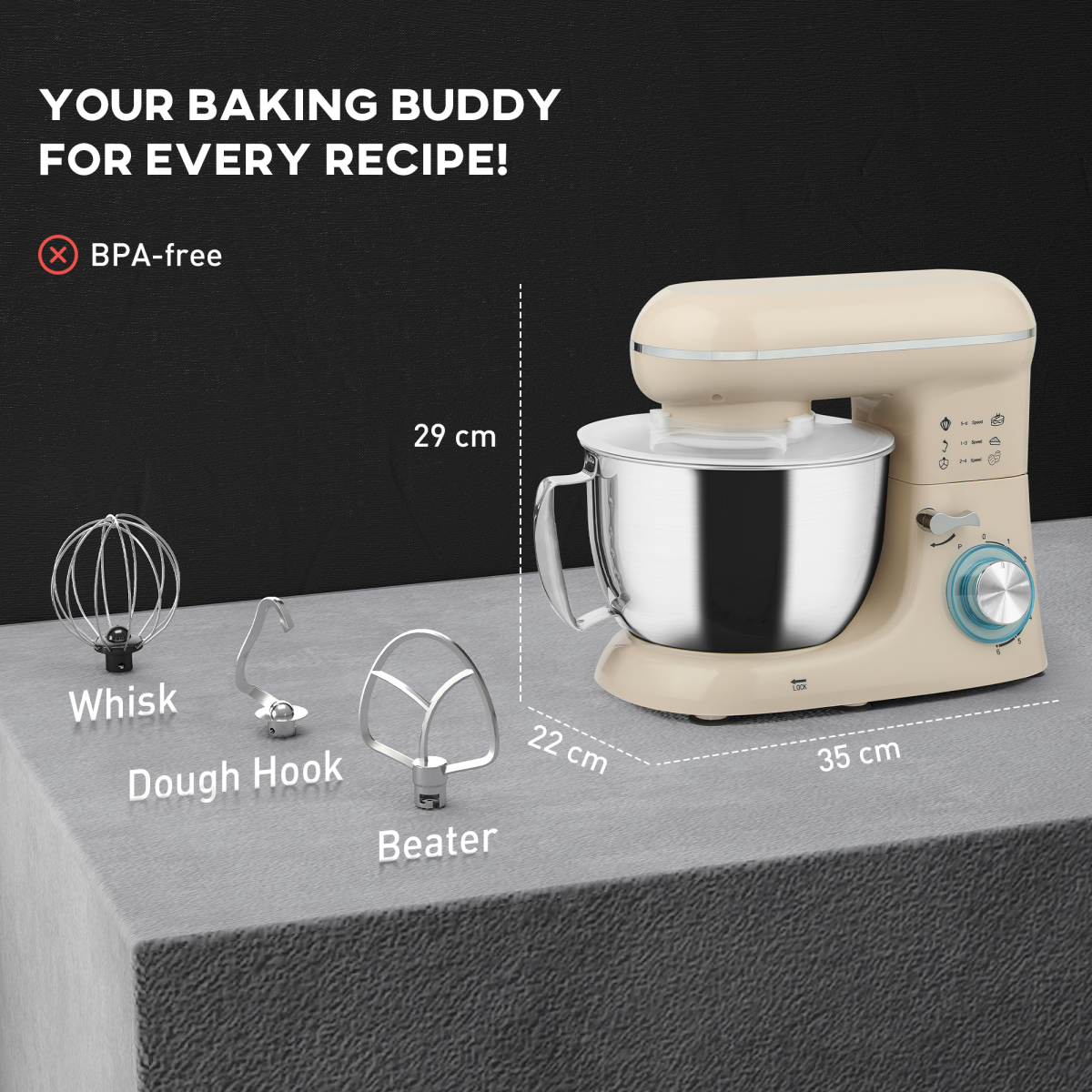 Electric Stand Mixer, 4.5L Food Mixer with Dough Hook, Whisk, Beige