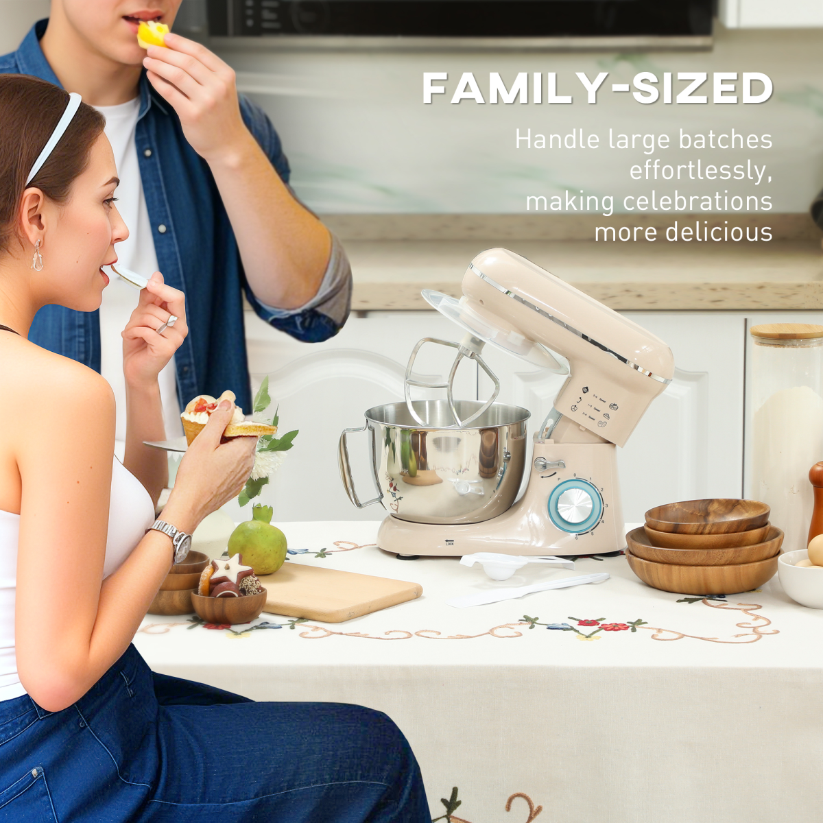 Electric Stand Mixer, 4.5L Food Mixer with Dough Hook, Whisk, Beige
