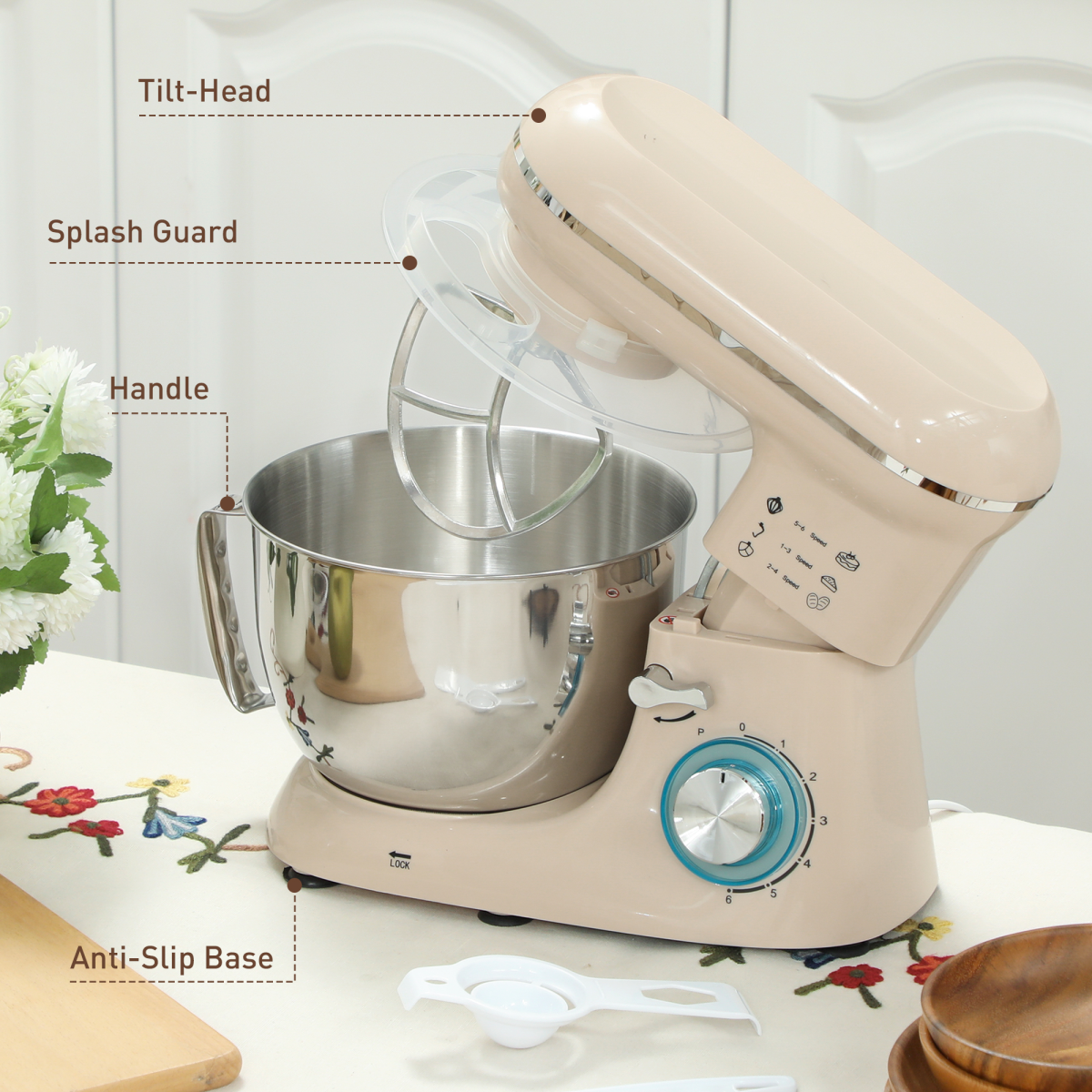 Electric Stand Mixer, 4.5L Food Mixer with Dough Hook, Whisk, Beige