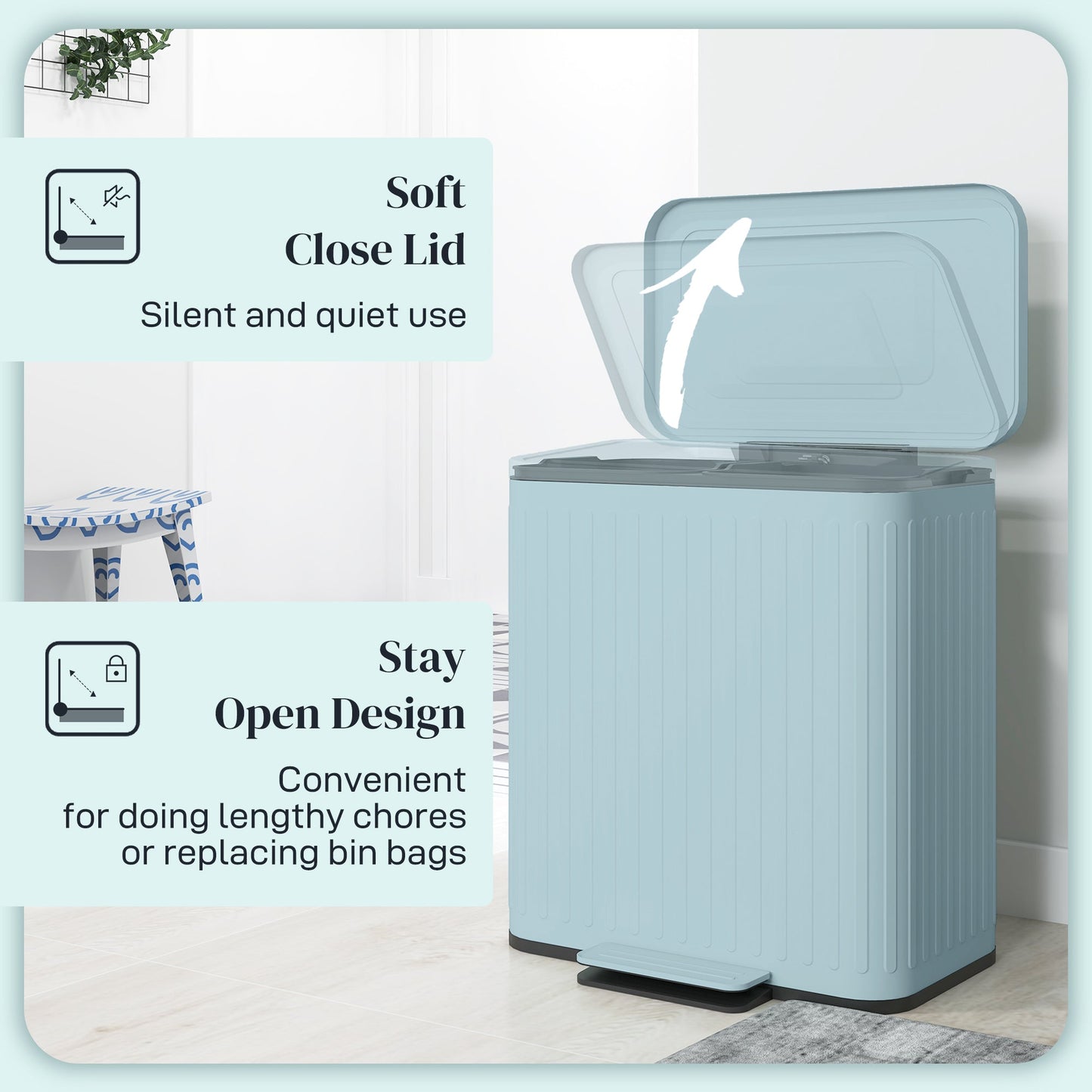2 x 20L Double Rubbish Bin, Pedal Bin with Soft-Close Lid, Light Green