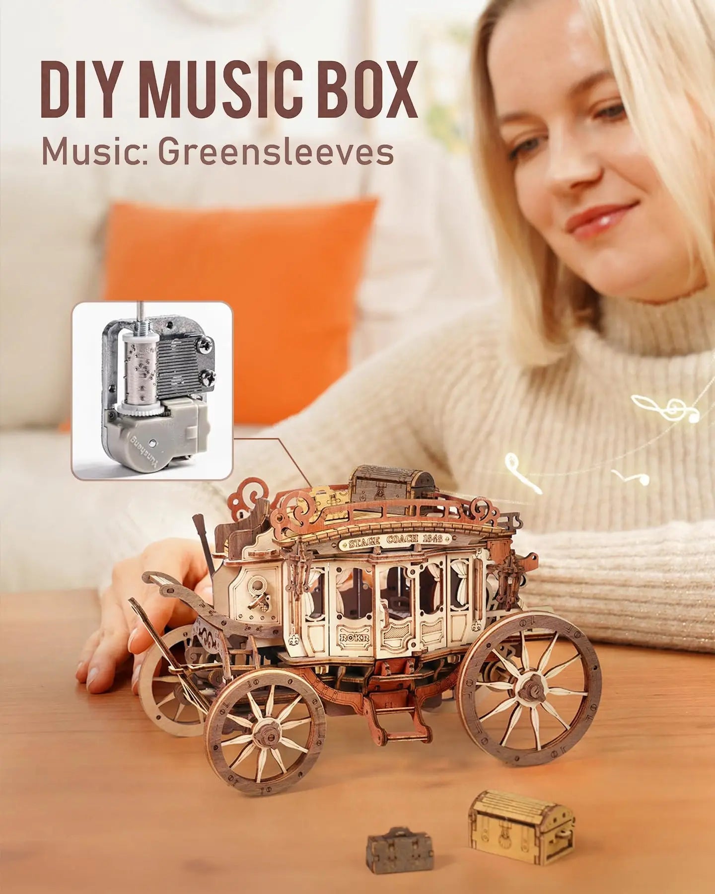 Rokr Stagecoach Music Box 3D Wooden Puzzle - Perfect Gift for Adults, Easy to Build STEM Hobby Kit for Birthdays and Anniversaries