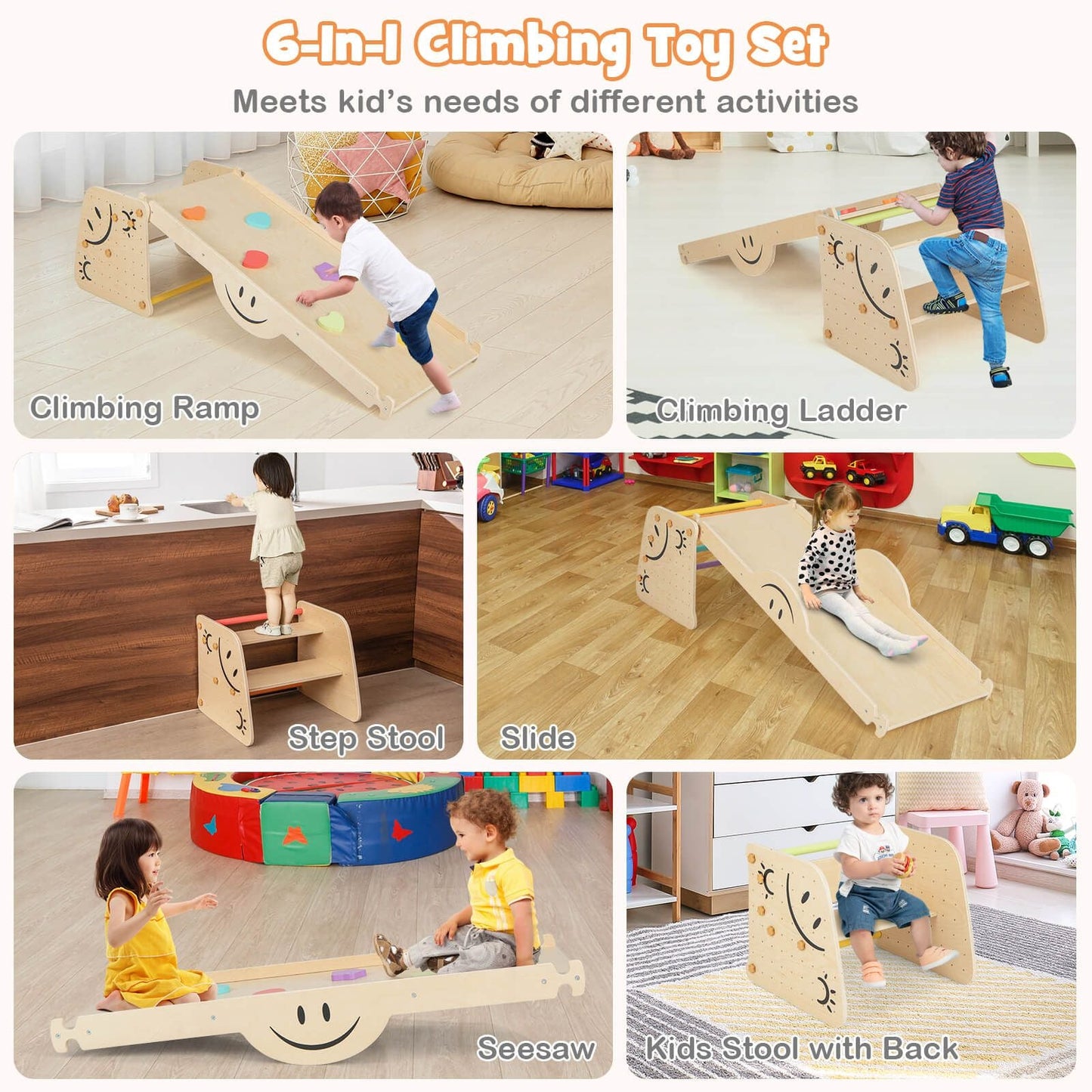 Indoor Climbing Toys for Kids Wooden Climber Set with Step Stool
