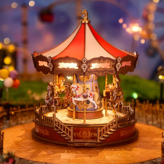Rolife Classic Carousel Music Box - Easy Assemble 3D Wooden Puzzle with Light - Perfect Xmas Gift for Family