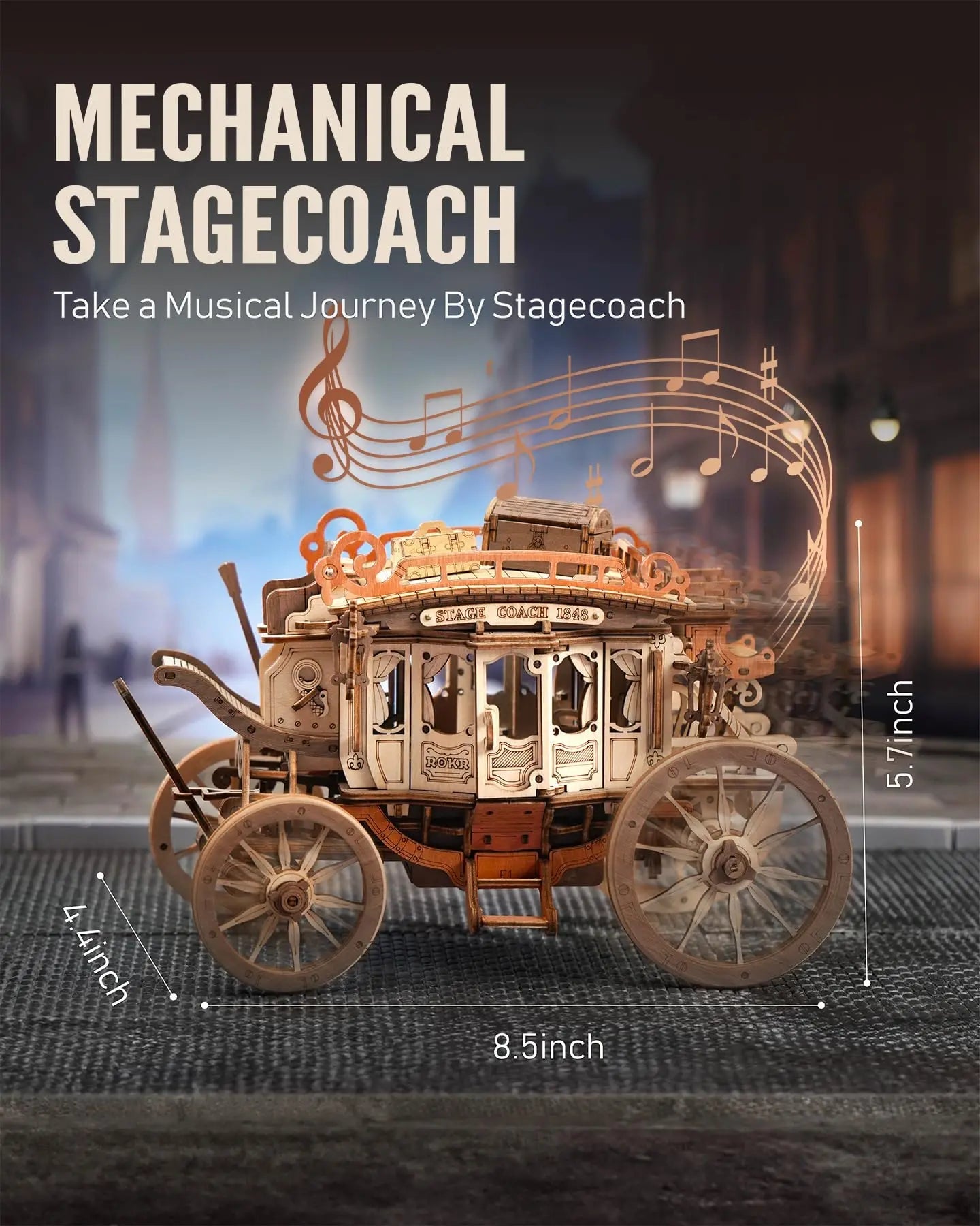 Rokr Stagecoach Music Box 3D Wooden Puzzle - Perfect Gift for Adults, Easy to Build STEM Hobby Kit for Birthdays and Anniversaries