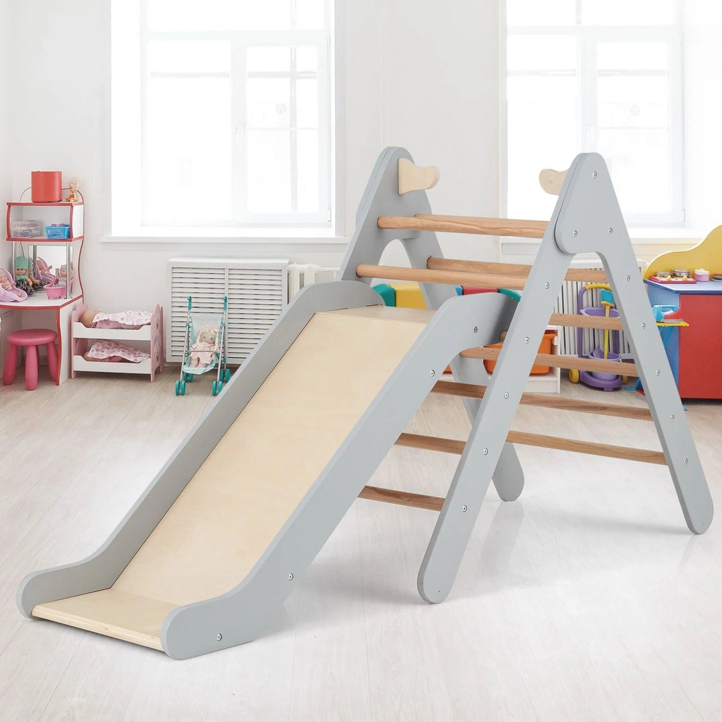 2-In-1 Wooden Triangle Climbing Toy with Gradient Adjustable Slide