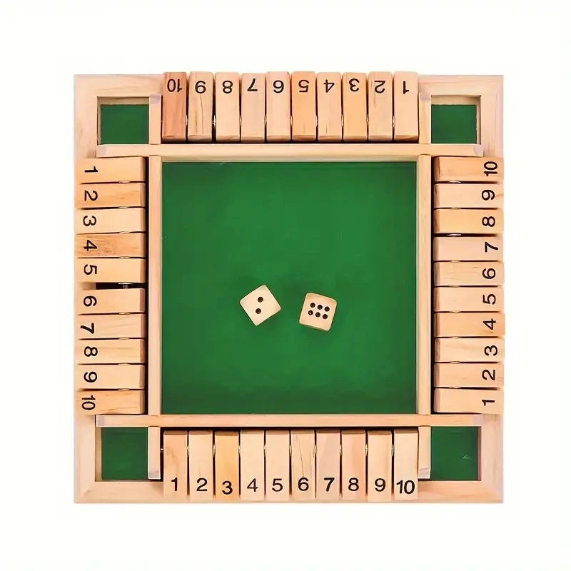 Classic 4-Sided Wooden Shut-The-Box Game with Dice - Timeless Tabletop Fun for Family and Friends
