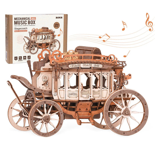 Rokr Stagecoach Music Box 3D Wooden Puzzle - Perfect Gift for Adults, Easy to Build STEM Hobby Kit for Birthdays and Anniversaries