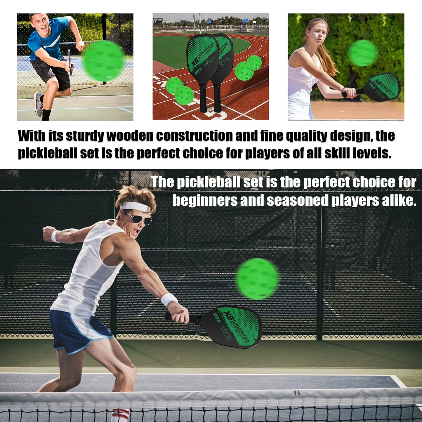 Professional Pickleball Racket Set - Includes 2 Paddles and 4 Pickleballs