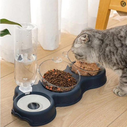 Cat Food Double Bowls Slow Feeder With Waterer Bottle