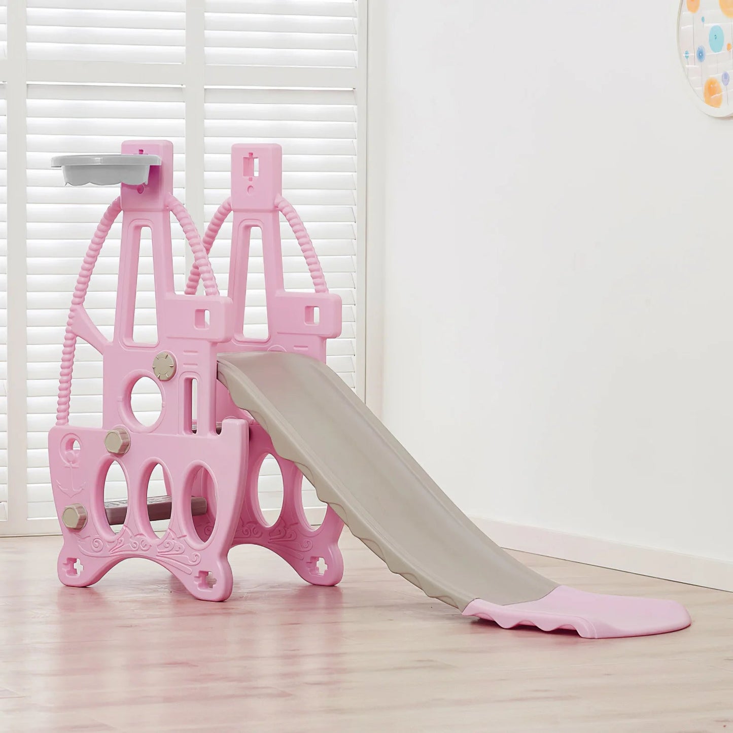 3-in-1 Children's Playground Set with Garden Climber, Slide, Swing, and Basketball Hoop in Pink