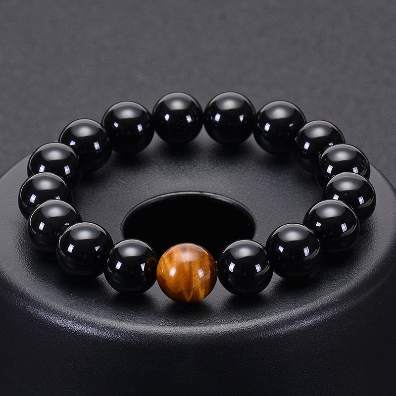 Natural Black Onyx & Tiger Eye Stones Beads Bracelet