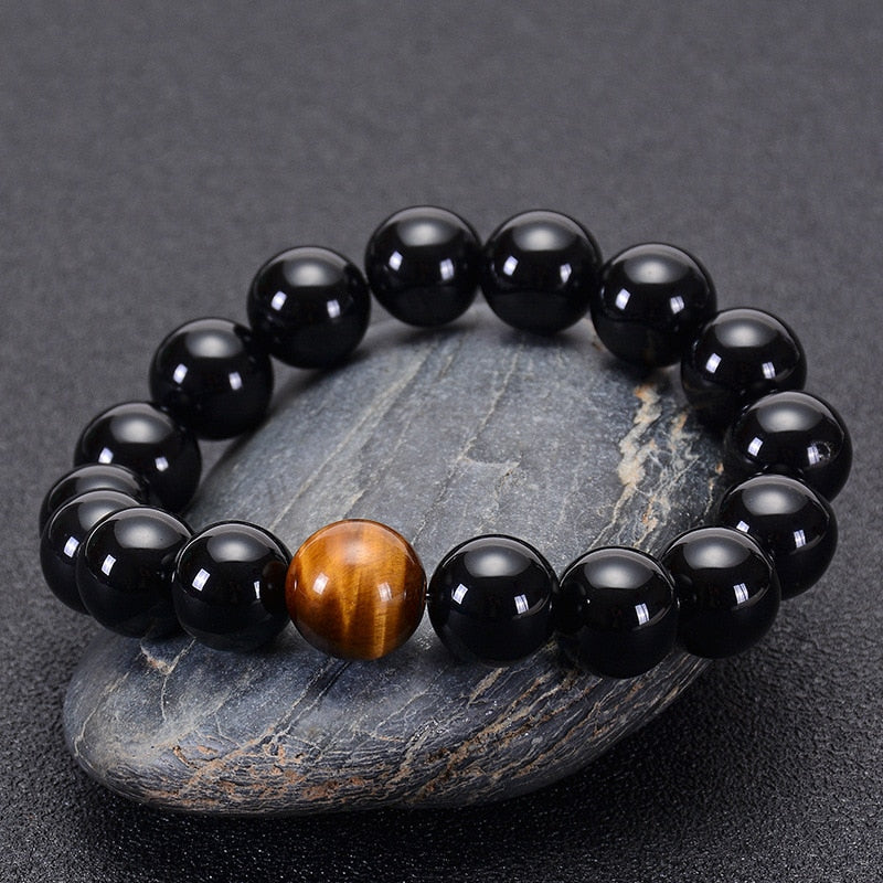 Natural Black Onyx & Tiger Eye Stones Beads Bracelet
