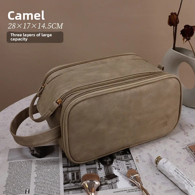 Large Capacity PU Leather Makeup Bag – Portable Double Zipper Travel Cosmetic & Toiletry Organizer for Women