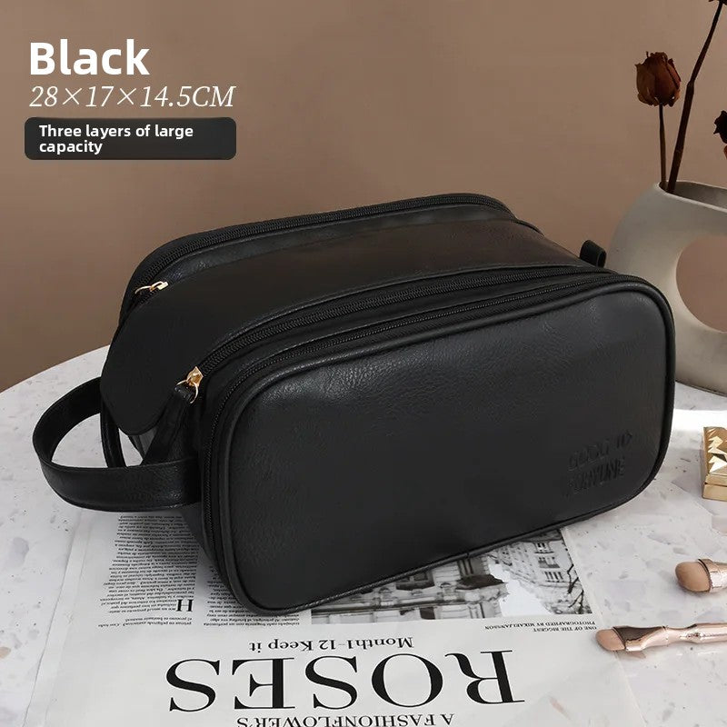 Large Capacity PU Leather Makeup Bag – Portable Double Zipper Travel Cosmetic & Toiletry Organizer for Women