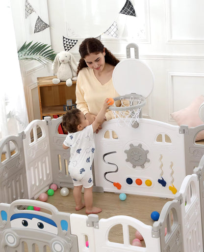 Ultimate Foldable Baby Playpen with Basketball Hoop & 50 Colorful Pit Balls - 14-Panel Toddler Play Fence