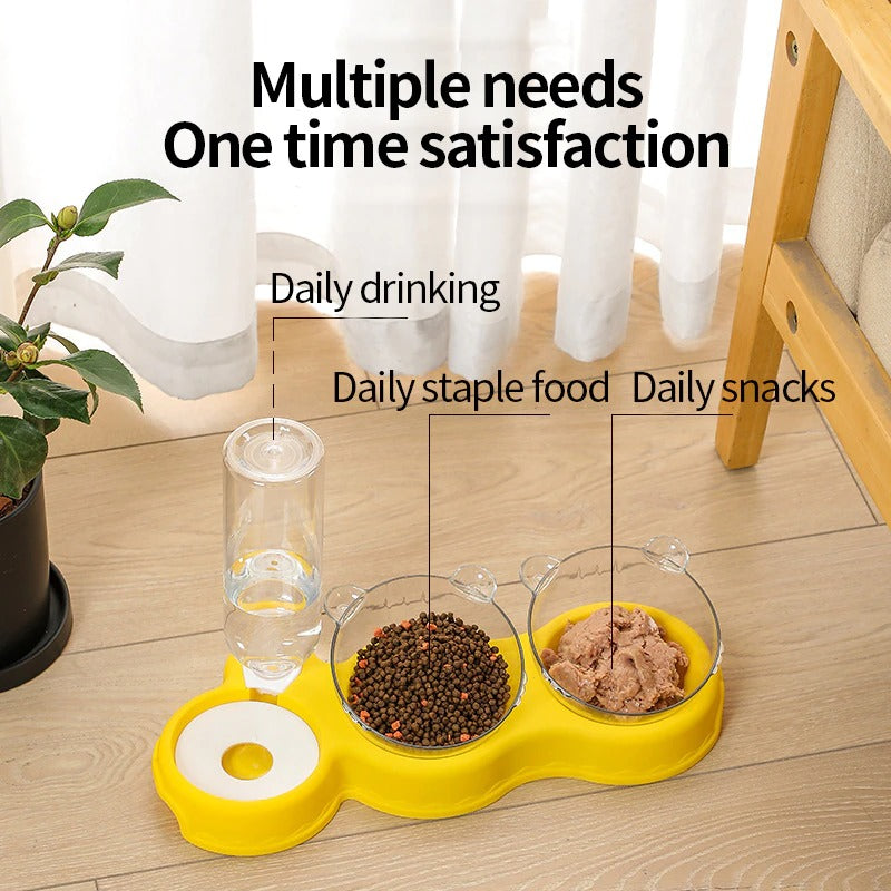 Cat Food Double Bowls Slow Feeder With Waterer Bottle