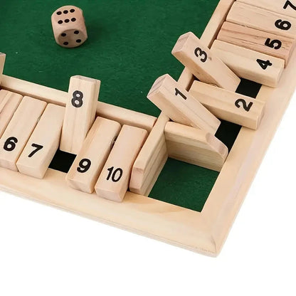 Classic 4-Sided Wooden Shut-The-Box Game with Dice - Timeless Tabletop Fun for Family and Friends
