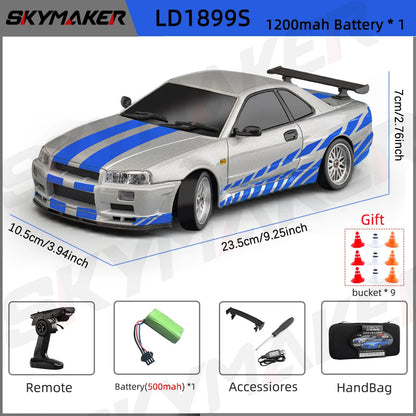 LD1899 1/18 Scale GTR R34 RC Drifting Car - High-Speed Alloy Body with Gyroscope & 2.4GHz RWD Remote Control Racing Vehicle