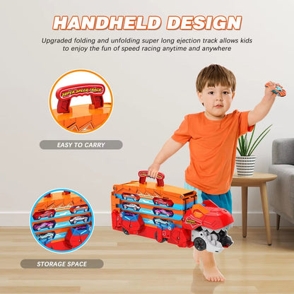 Dinosaur 3-in-1 Transport Truck with 8 Race Cars - Ejection Folding Portable Track Toy with Sound for Kids Age 3+