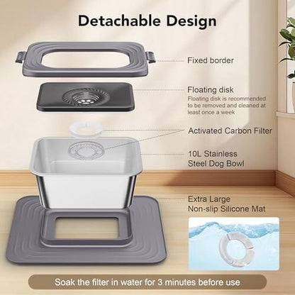 10L Stainless Steel Dog Water Bowl  Spill-Proof Slow Feeder for Messy Drinkers