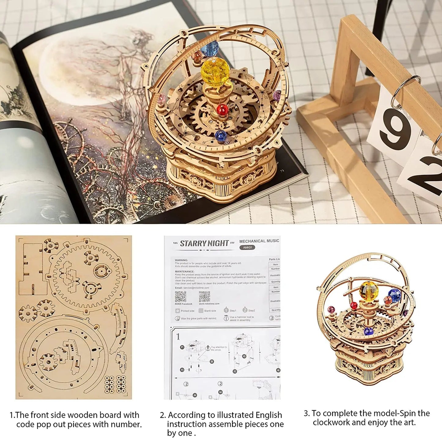 Rokr 84-Piece Rotatable 3D Starry Night Wooden Model Kit - DIY Music Box Toy for All Ages