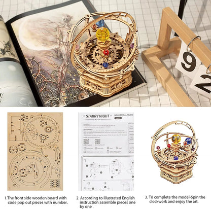 Rokr 84-Piece Rotatable 3D Starry Night Wooden Model Kit - DIY Music Box Toy for All Ages