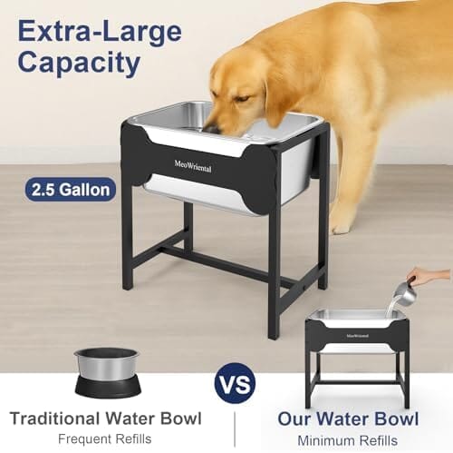 2.5 Gallon 14.2" Raised Stainless Steel Large Dog Water Bowl with Full Metal Stand for Relief Joint Pressure