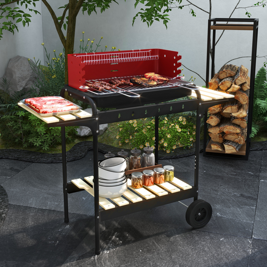 Charcoal BBQ Grill Trolley 5-Level Height & Storage Shelves