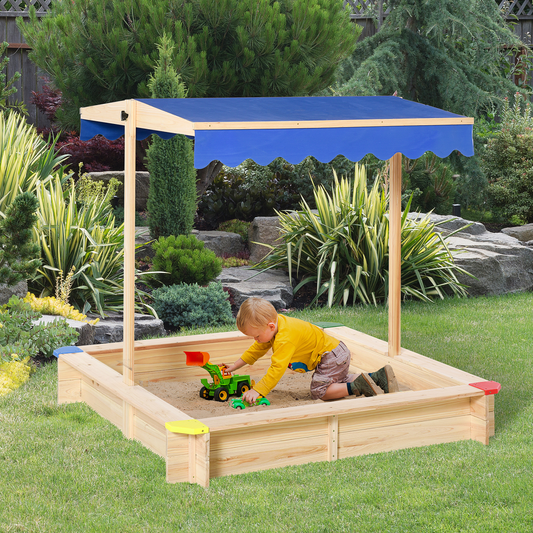 Adjustable Kids Wooden Sandbox Playset with Canopy & Bench