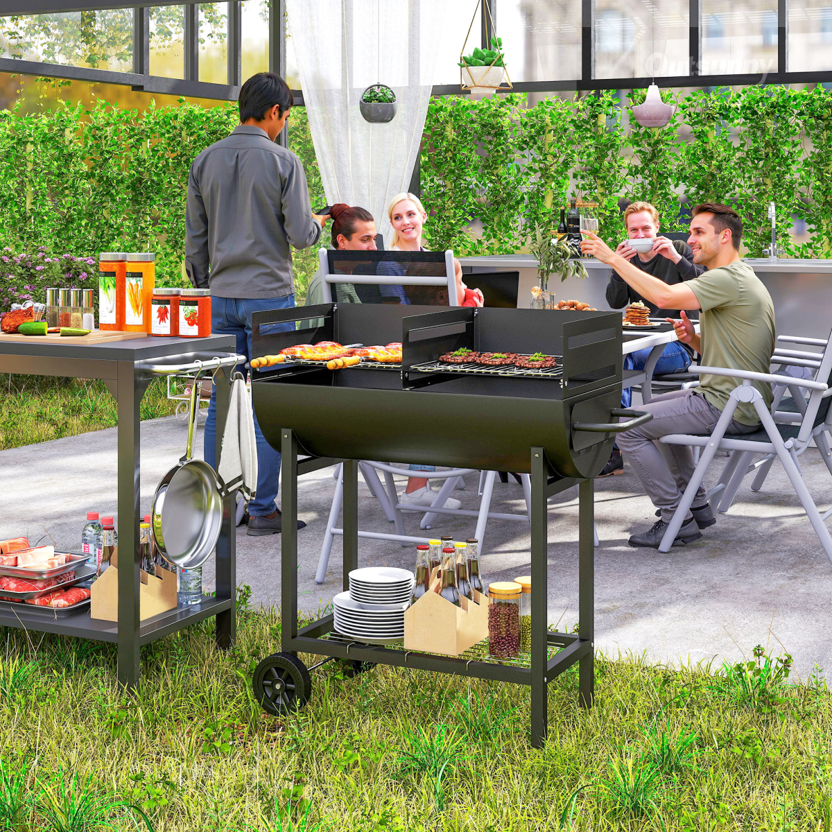 Portable 2-Grill Charcoal BBQ with Wheels