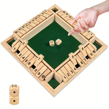Classic 4-Sided Wooden Shut-The-Box Game with Dice - Timeless Tabletop Fun for Family and Friends